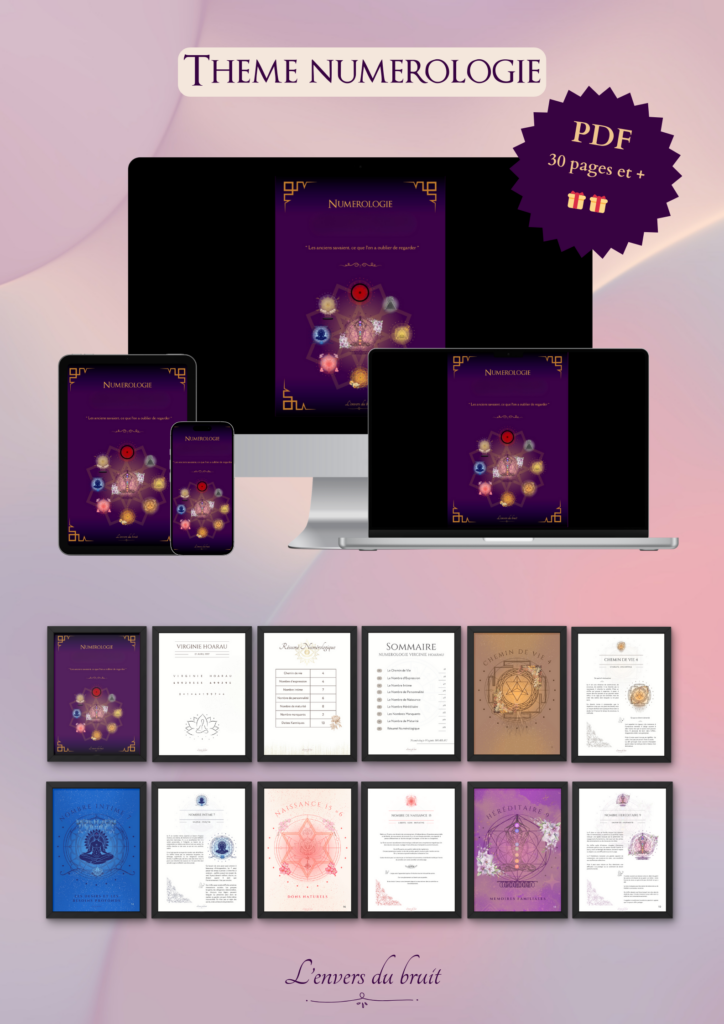 Fiche de produit "thème numérologie" disponible sur le site l'envers du bruit, spécialisé en astrologie et numérologie.
