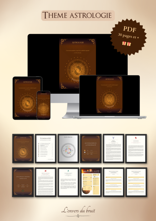 Astrologie Fiche de produit " thème astrologie" disponible sur le site l'envers du bruit, spécialisé en astrologie et numérologie.